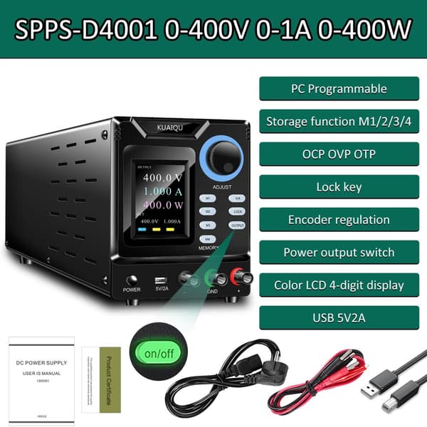 Programmerbar DC-strømforsyning, 0-400V udgang, intelligent blæser,400V 1A, 220V