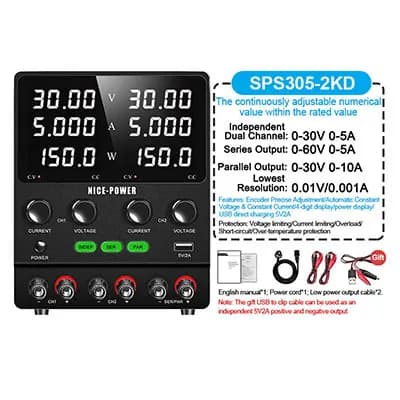 Laboratorio Kaksoiskanavainen Virtalähde, 30V 20A Ulostulo, Sarja- ja Rinnakkaismoodit,AC 220V, 30V 5A SPS305-2KD
