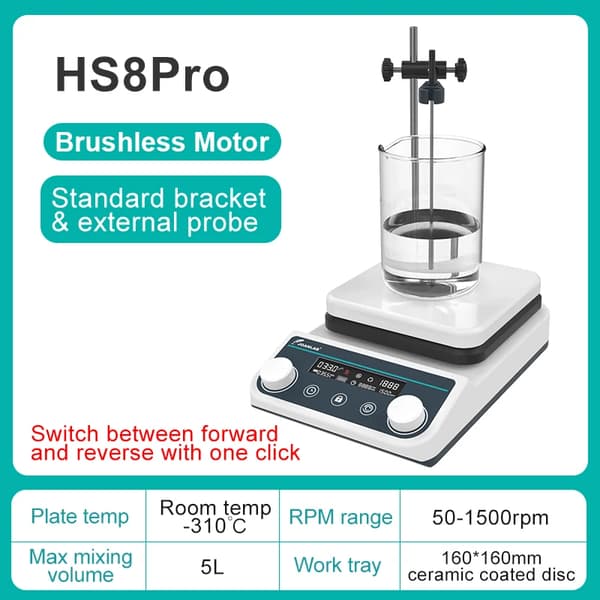 Magnetinen sekoittaja kuumalevy, 5L kapasiteetti, 50-1500rpm kierrosnopeus,HS8Pro(5L LCD), EU-plugi