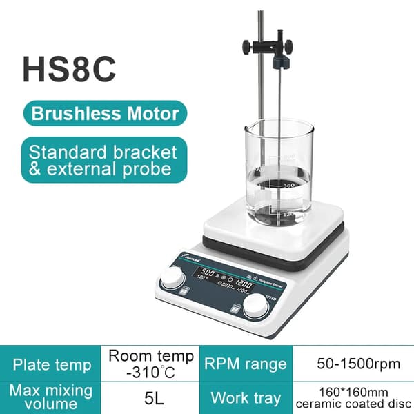 Magnetisk rører, Pladetemperatur -310°C, RPM-område 50-1500 rpm, Maks. blandingsvolumen 5L,EU-stik, HS8C(5L LCD)