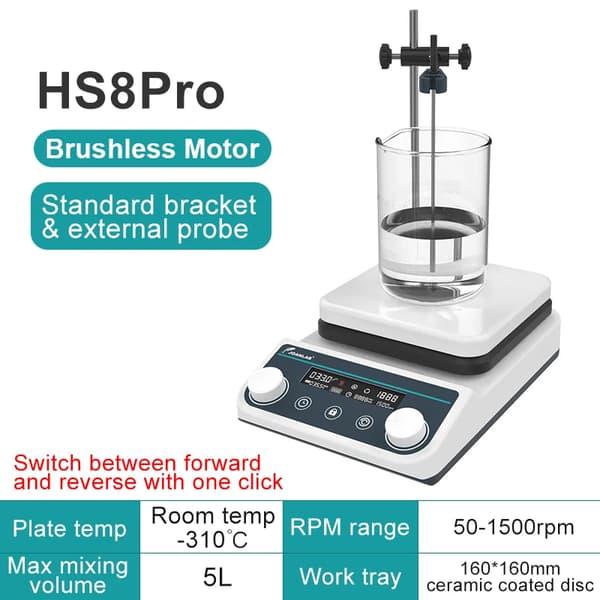 Magnetisk rører, Pladetemperatur -310°C, RPM-område 50-1500 rpm, Maks. blandingsvolumen 5L,EU stik, HS8Pro(5L LCD)