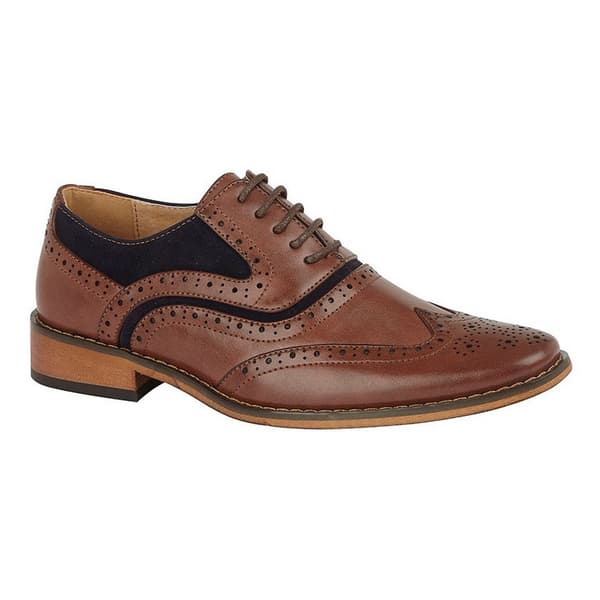 Goor Barn/pojkar Läder 5 Eye Wing Capped Brogue Oxford sko Dark Tan/Navy 1 UK