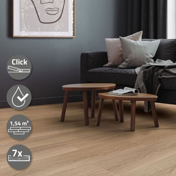 PVC-vinyylilattia Tammi Golden Hour 4,2 mm:n click-järjestelmällä 1,5 m²:n suunnittelulattialle ML-Design