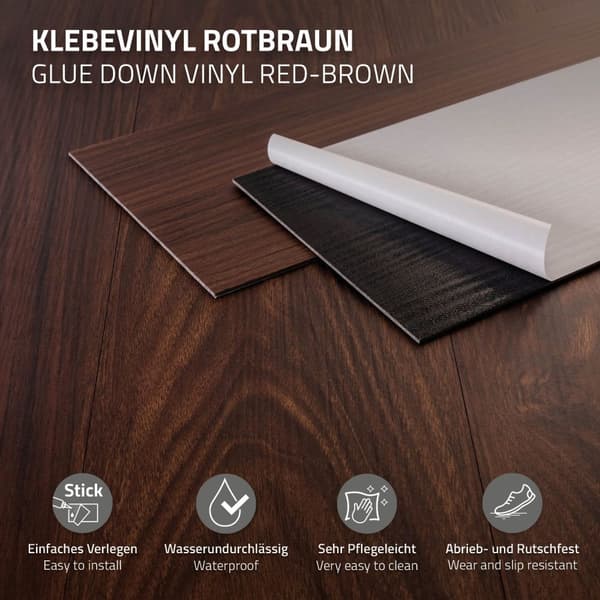 Deluxe PVC självhäftande vinylgolv rödbrun mutter 91,5 cm x 15,3 cm x 2 mm ML-Design