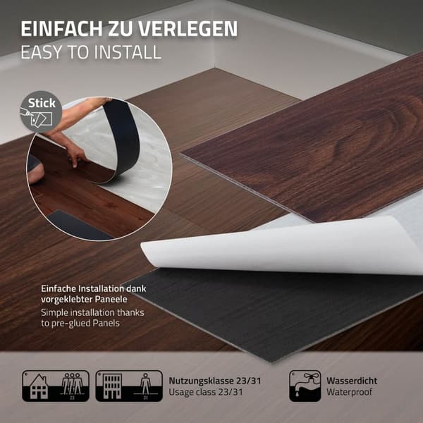 Deluxe PVC självhäftande vinylgolv rödbrun mutter 91,5 cm x 15,3 cm x 2 mm ML-Design