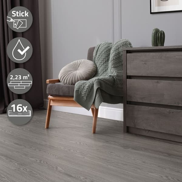Deluxe PVC klæbende vinylgulv til 2,3 m² eg grå 2 mm tyk ML-Design