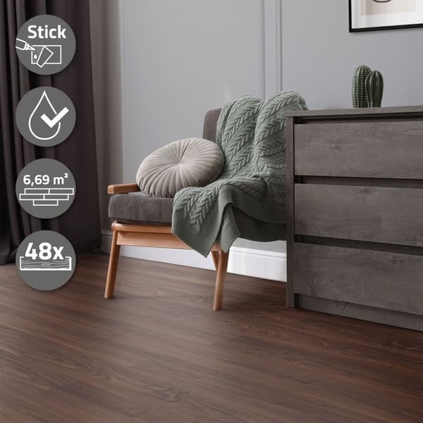 Deluxe PVC klæbende vinylgulv rødbrun møtrik 91,5 cm x 15,3 cm x 2 mm ML-Design