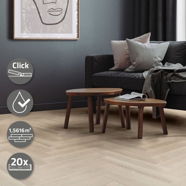 ML-Design Deluxe PVC-gulv, klikvinylplanker vinylgulv, 61cmx12,8cmx4,2mm, tykkelse 4,2mm, 1,56m²/20 planker, sildeben lys eg, brun, trælook,