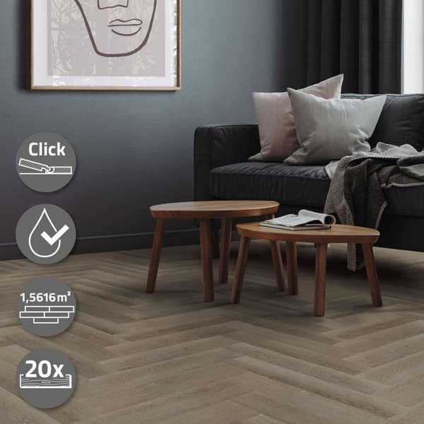 ML-Design Deluxe PVC-golv, klick vinylplankor vinylgolv, 61cmx12,8cmx4,2mm, tjocklek 4,2mm, 1,56m²/20 plankor, fiskbensmönstrad mörk ek, brun,