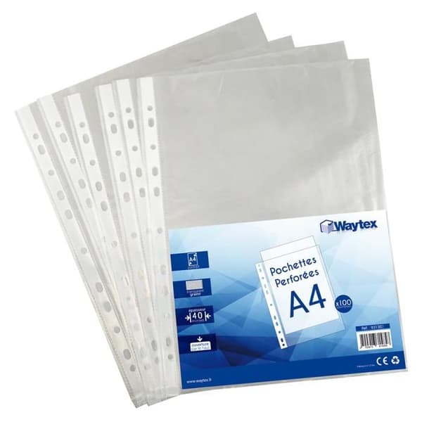 Genomskinliga fickmappar - WAYTEX - A4 prägling - 40 mikron - paket med 100
