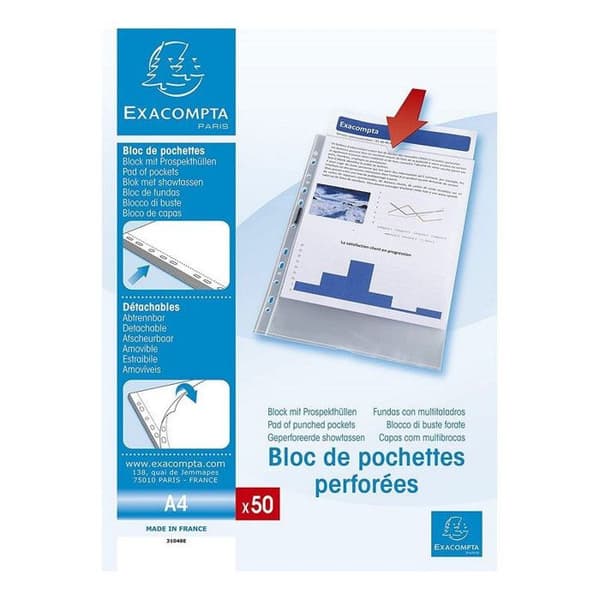 Block med 50 perforerade transparenta plastfickor A4 Exacompta