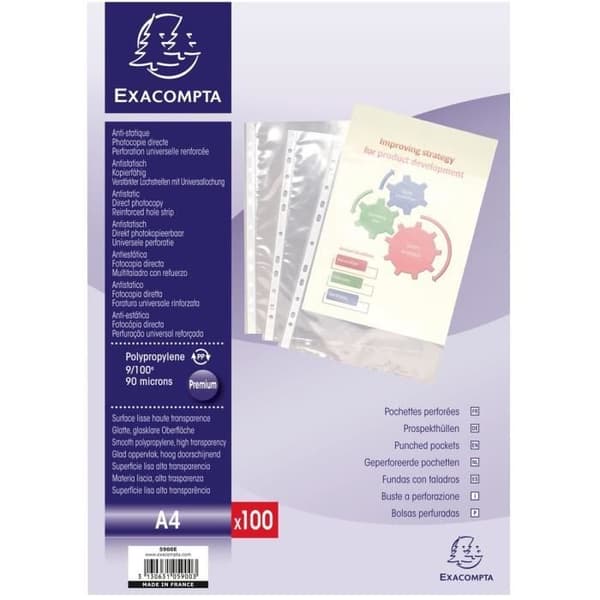 EXACOMPTA 100 A4 perforerade fickor Högresistans slät polypropen 9x100e