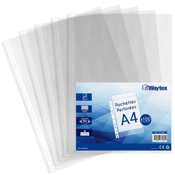 A4 hålfickor Waytex 931306 Transparent grained 90 mikron - förpackning om 100