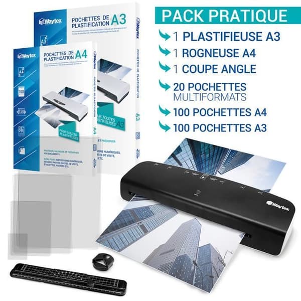 Kit för laminering A3 A4 - Pro - 250 mikron - 100 A3-fickor - 100 A4-fickor - Skärare och rundningsverktyg