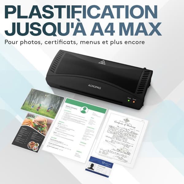 ACROPAQ Plastifierare A4, A5, A6 osv - Maskin för varm och kall laminering - V 250 mm/min - Automatisk avstängning - Anti-jam