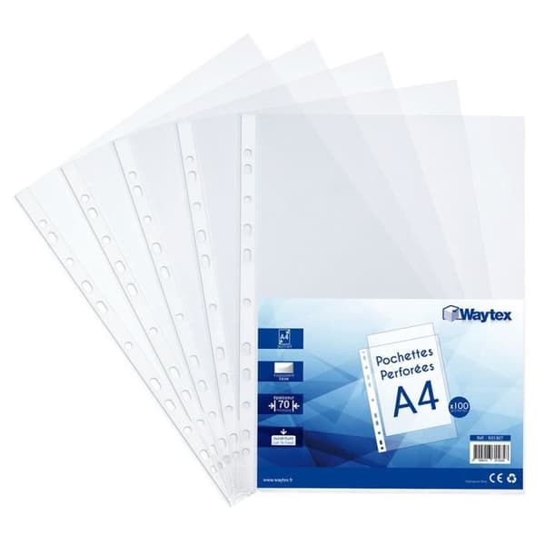 Hålslagna fack A4 - Waytex - 931307 - Transparenta - Släta - 70 mikron - Paket med 100