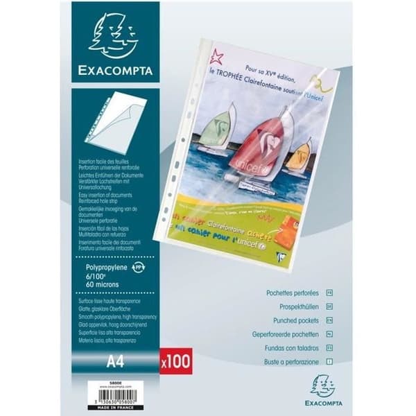 1 kartong med 100 perforerade fickor med topp- och sidoöppning - slät polypropen 6/100:e - A4 - Kristall