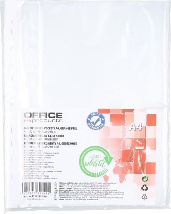 Plastikkonvolutter Officer-produkter - 21141155-90 - Pakke med 100 klare plastkonvolutter med hull A4-format