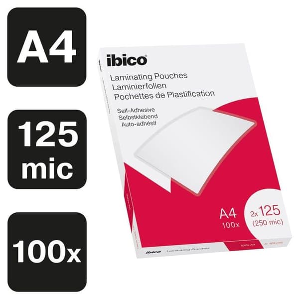 Ibico - A4 självhäftande lamineringspåsar, 2x125 mikron, förpackning om 100, blank finish, transparent, 627325