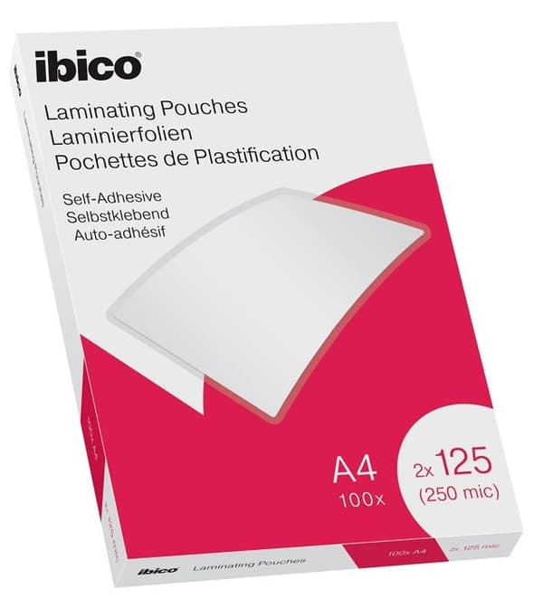 Ibico - A4 självhäftande lamineringspåsar, 2x125 mikron, förpackning om 100, blank finish, transparent, 627325