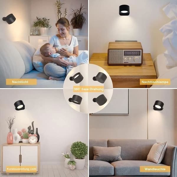 Vägglampa inomhus med fjärrkontroll, LED Touch Control Vägglampa 5 ljusstyrkanivåer 7 färger, 360° roterbar, svart