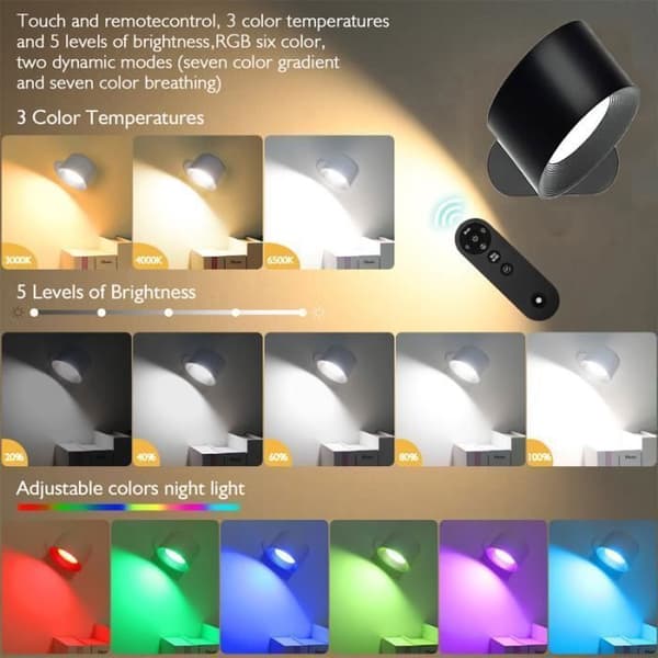 Vägglampa inomhus med fjärrkontroll, LED Touch Control Vägglampa 5 ljusstyrkanivåer 7 färger, 360° roterbar, svart