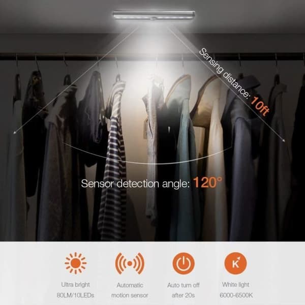 Set med 3st 10LED trådlös skåpljus med rörelsesensor för garderob, garderob, trappa, garderob, hall, skåp