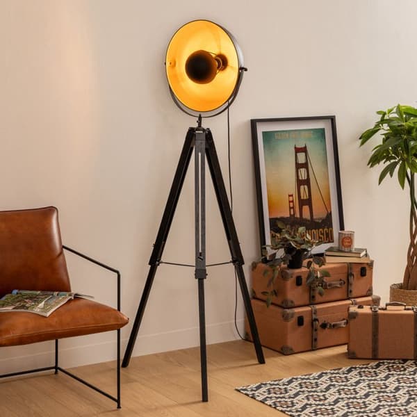 Svart trästativ golvlampa Lahti H 162 cm Vintage loft - ATMOSPHERA - Stativ - Svart - Vintage