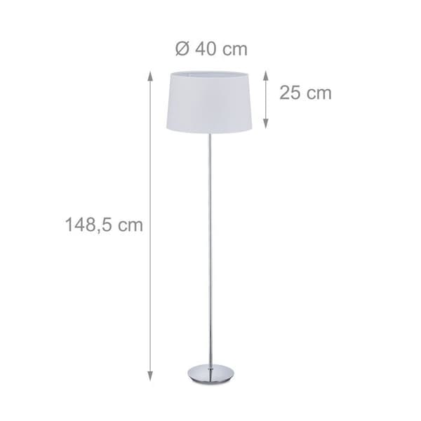 Relaxdays golvlampa med skärm, förkromad fot, E 27, d 40 cm, för vardagsrum, stående, 148,5 cm, vit.