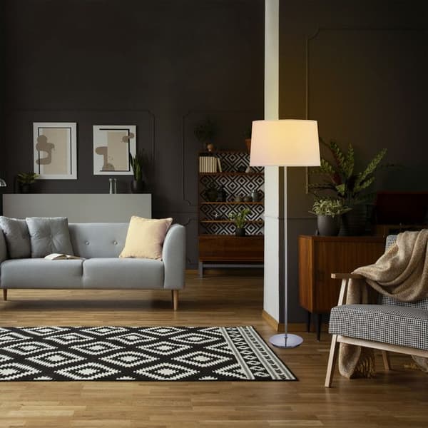 Relaxdays golvlampa med skärm, förkromad fot, E 27, d 40 cm, för vardagsrum, stående, 148,5 cm, vit.