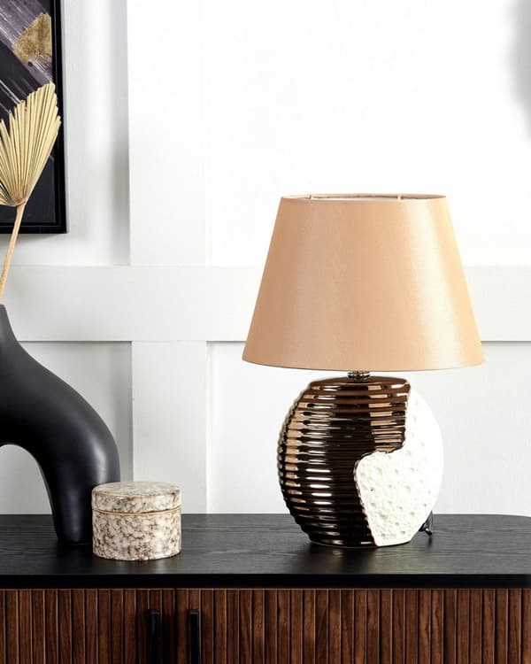 Bordslampa Koppar Beige Keramik Tyg Trumskärm Sänglampa Nattlampa