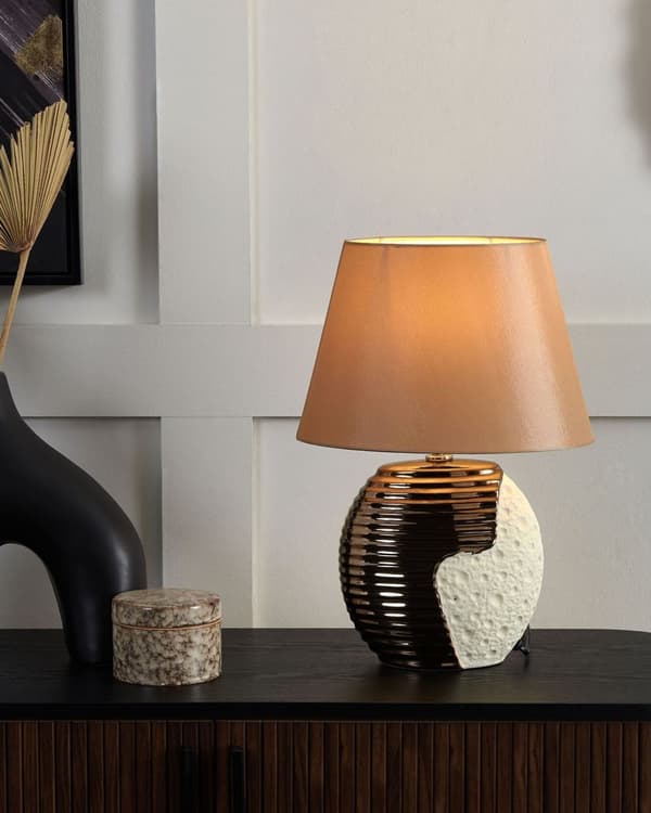 Bordslampa Koppar Beige Keramik Tyg Trumskärm Sänglampa Nattlampa