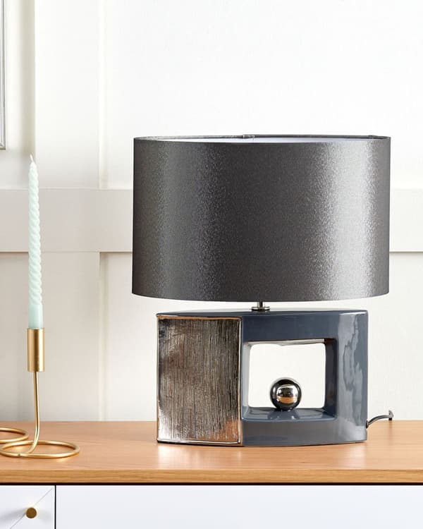 Bordslampa Grå Keramik Tyg Trumskärm Sänglampa Nattlampa