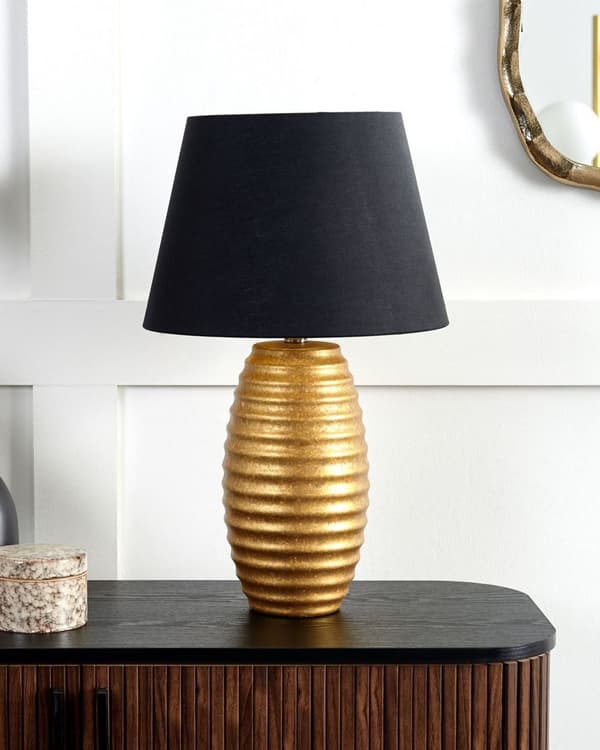 Bordslampa Guld Keramik Svart Tyg Konformad Skärm Sänglampa