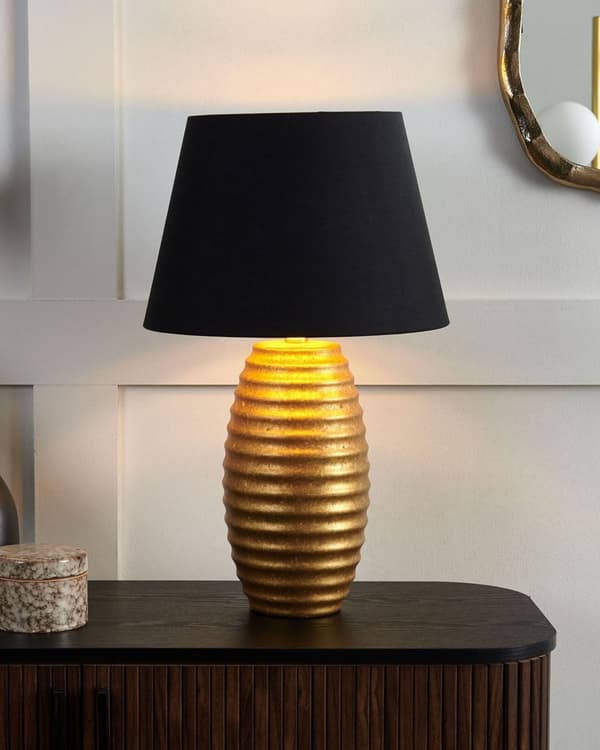 Bordslampa Guld Keramik Svart Tyg Konformad Skärm Sänglampa