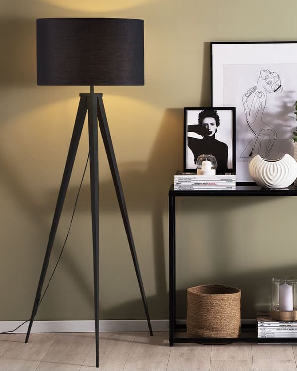 Stående Golvlampa Svart Stativ Cylindrisk Lampskärm