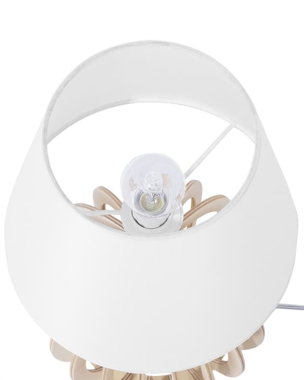 Bordslampa i Vitt Rund Klassisk Lampskärm Trä Lampfot