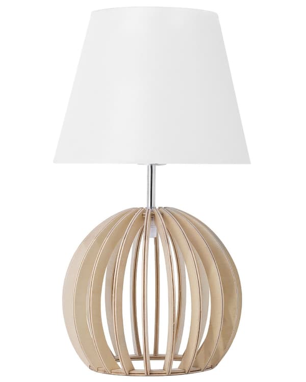 Bordslampa i Vitt Rund Klassisk Lampskärm Trä Lampfot