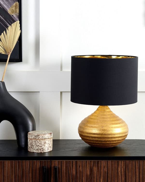 Bordslampa Guld/Svart Keramisk Rund Lampskärm med Ribbad Glamourbas