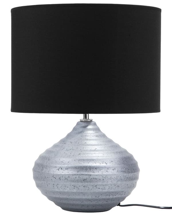 Bordslampa Silver/Svart Keramisk Rund Lampskärm med Ribbad Glamourbas