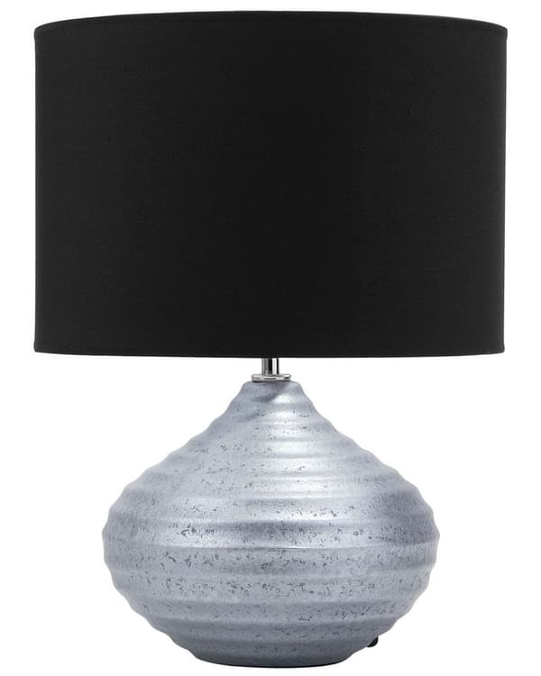 Bordslampa Silver/Svart Keramisk Rund Lampskärm med Ribbad Glamourbas