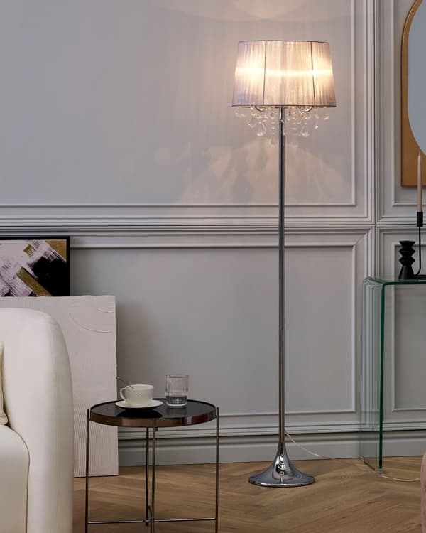 Golvlampa Ljusgrå Metall Runda Kristaller Klassisk Lampskärm
