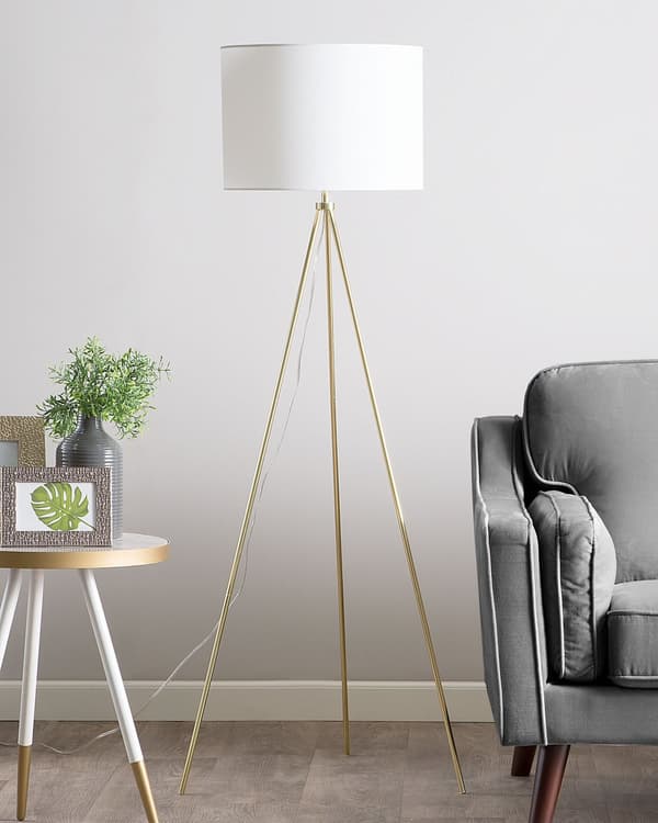 Vit/Guld Stående Lampa Rund Stativskärm Metallben Modern
