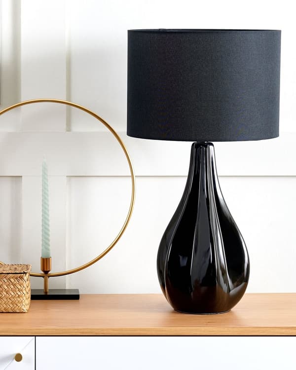 Bordslampa Svart Porslin Rund Gamourskärm