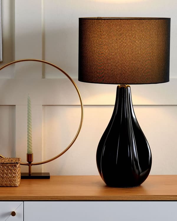 Bordslampa Svart Porslin Rund Gamourskärm