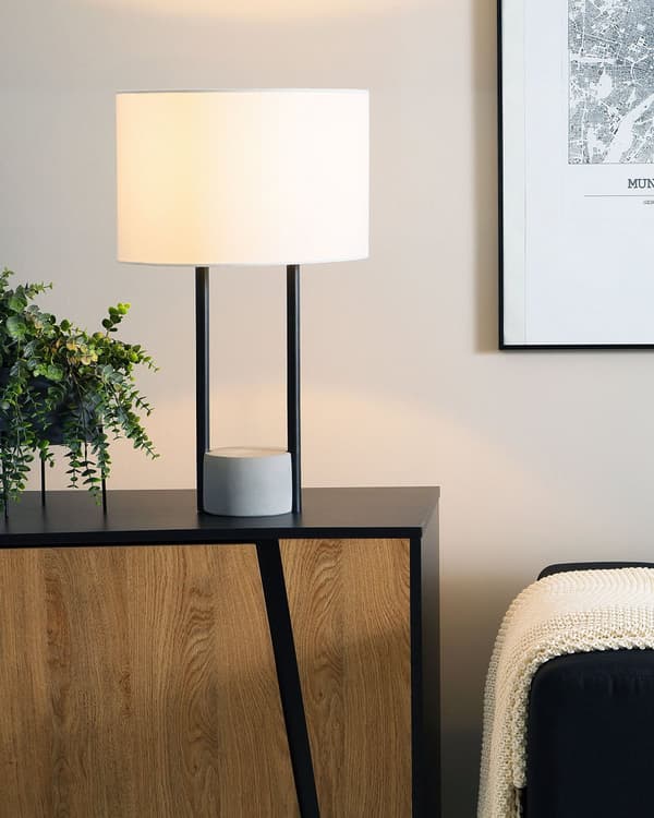Bordslampa Sänglampa Vit Tyg Rund Trumskärm Grå Betong Bas