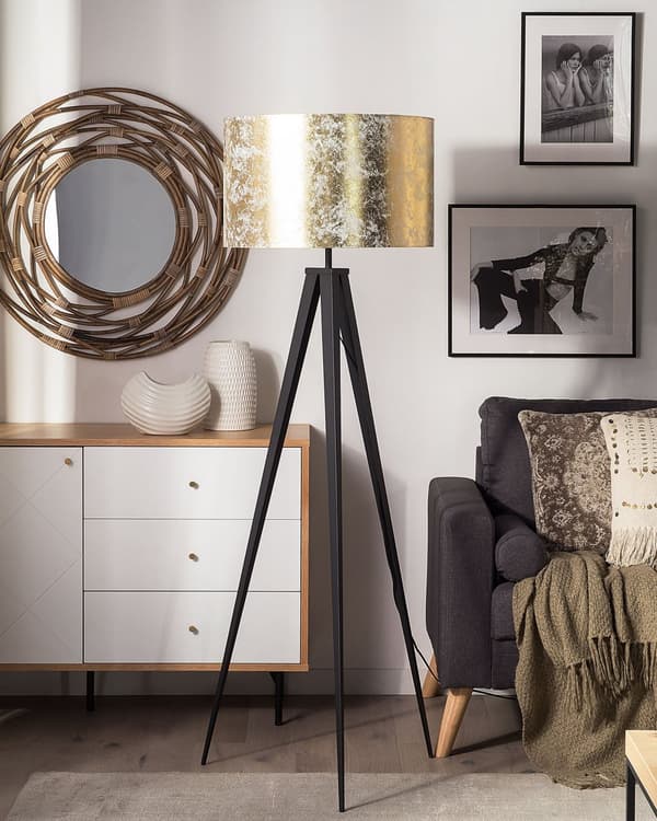 Stående Golvlampa Gyllene Stativ Cylindrisk Lampskärm