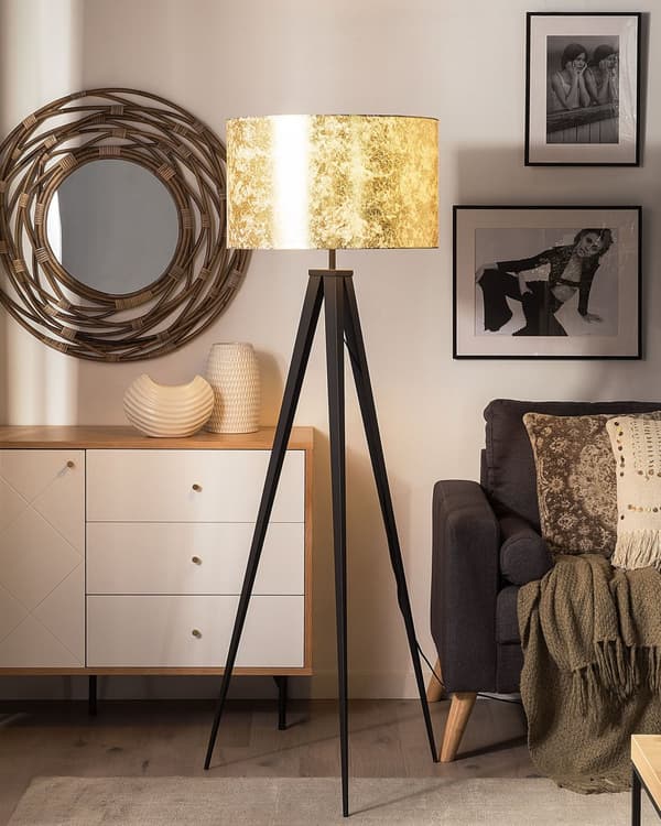Stående Golvlampa Gyllene Stativ Cylindrisk Lampskärm