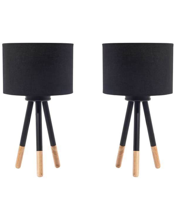 Set av 2 Bordslampor Svart Metall 40 cm Trefotsbas av trä Svart Tygskärm Modern