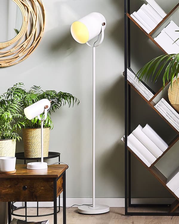 Vit Metall Golvlampa 156 cm Justerbar Lampskärm Industriell Stil för Sovrum Vardagsrum